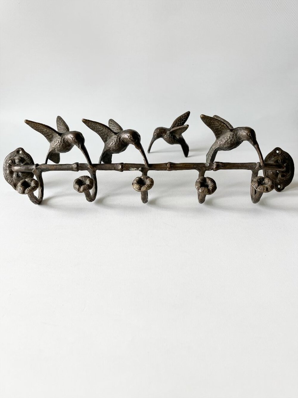 Vintage Solid Cast Brass/Bronze Hummingbird Wall Hook Rack Sculptural 3D Design